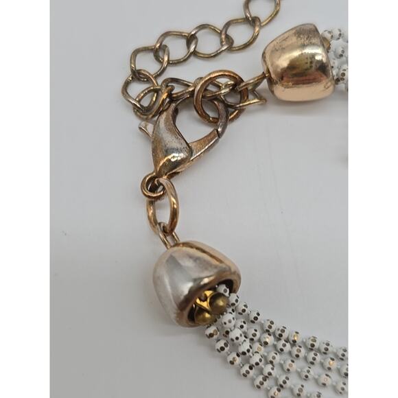 Vintage Petite White & Brass Metal Ball Knotted Tassel Multi Chain 26" Necklace - Picture 13 of 16